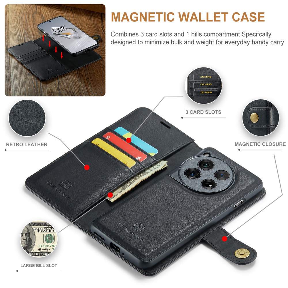 OnePlus 12 Case Crazy Horse Texture Detachable Magnetic PU Leather Black