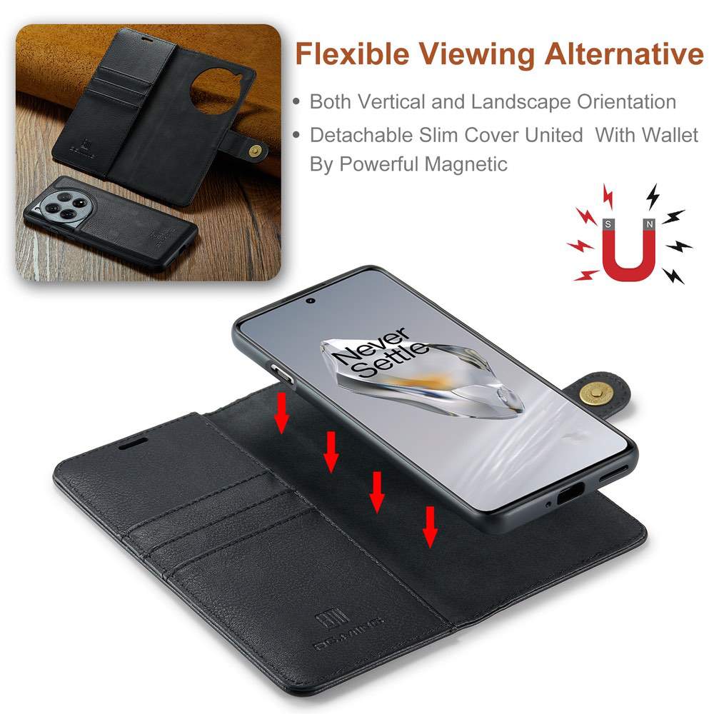 OnePlus 12 Case Crazy Horse Texture Detachable Magnetic PU Leather Black