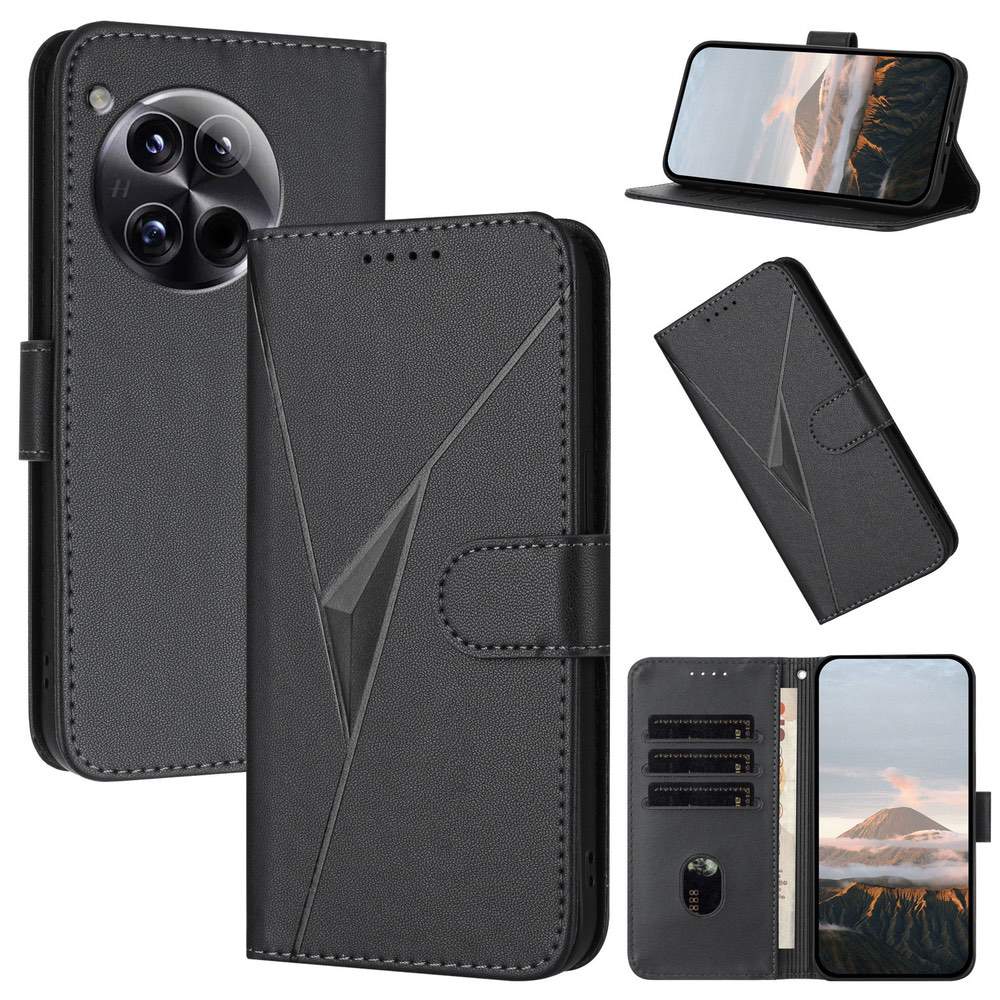 OnePlus 12 Case Triangle Pattern Buckle Clasp PU Leather Black