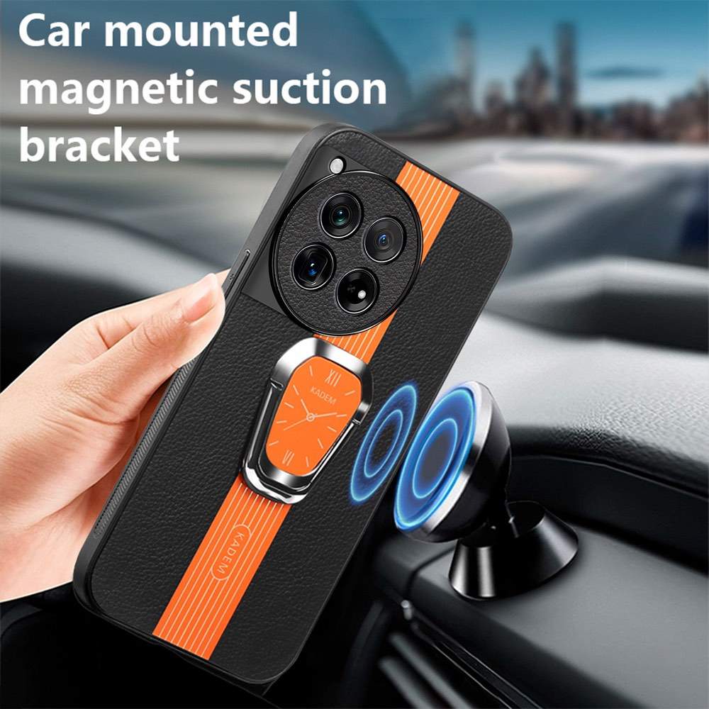 OnePlus 12 Magnetic Litchi Leather Back Phone Case with Holder Orange/Black