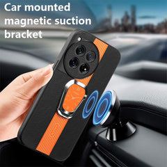 OnePlus 12 Magnetic Litchi Leather Back Phone Case with Holder Orange/Black