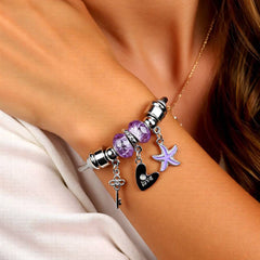 Purple Crystal Heart & Starfish Charm Bracelet - Stainless Steel