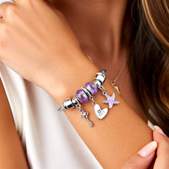 Purple Crystal Heart & Starfish Charm Bracelet - Stainless Steel