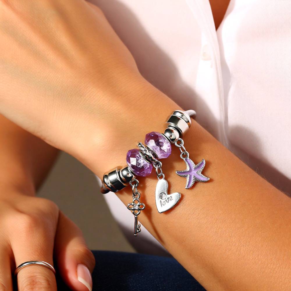 Purple Crystal Heart & Starfish Charm Bracelet - Stainless Steel