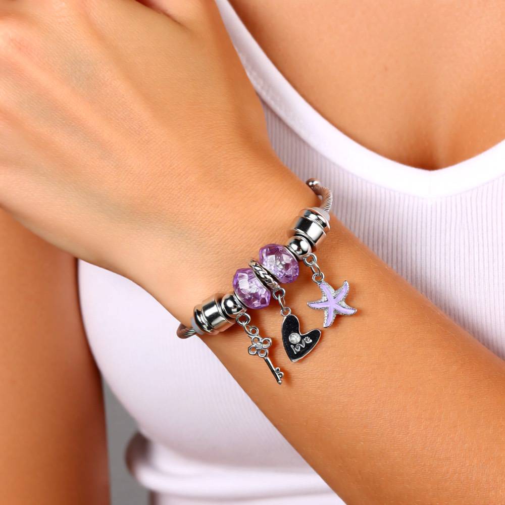 Purple Crystal Heart & Starfish Charm Bracelet - Stainless Steel