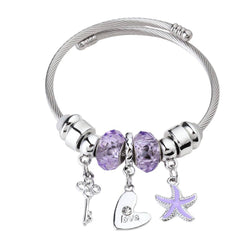 Purple Crystal Heart & Starfish Charm Bracelet - Stainless Steel