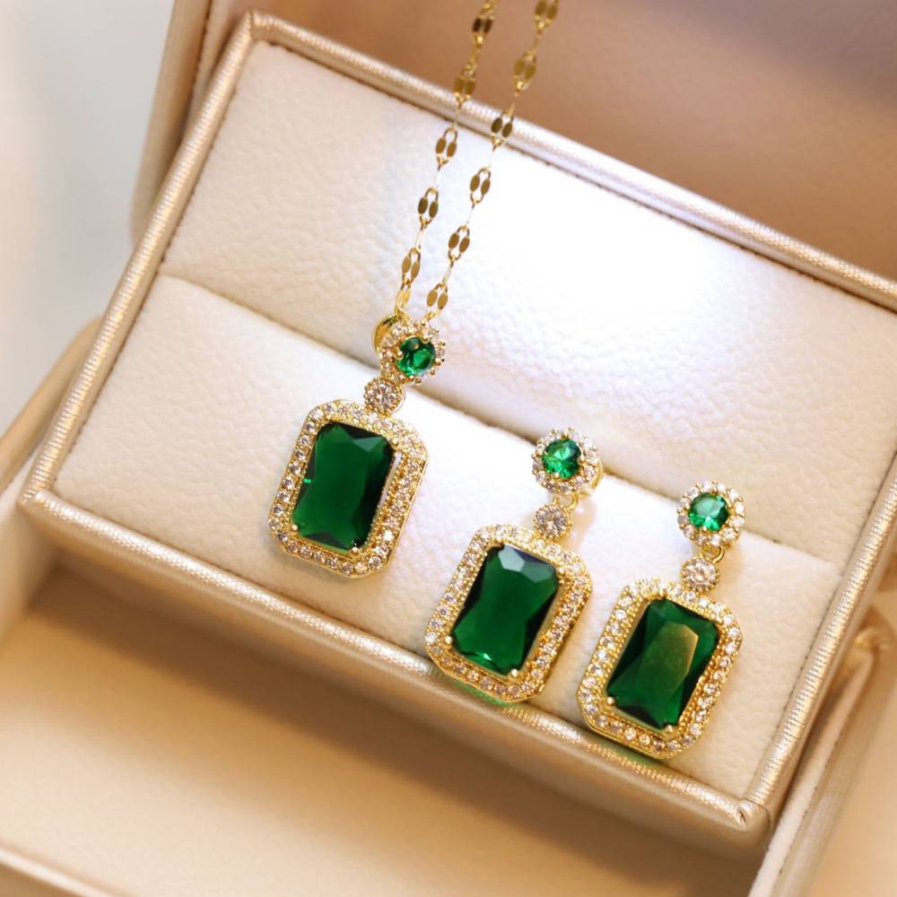 Rectangular Crystal Jewellery Set - Gold Plated Stainless Steel