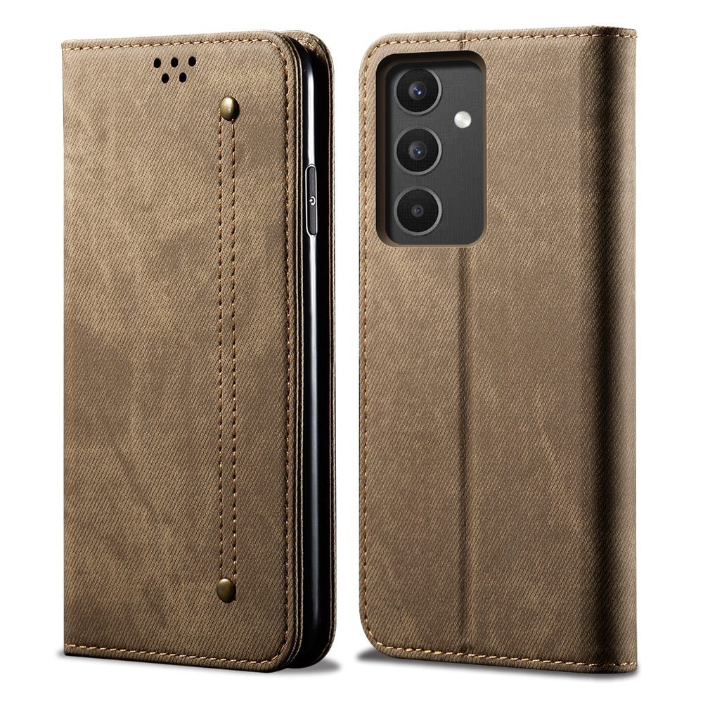 Samsung Galaxy A34 5G Case Denim Texture PU Leather Wallet - Khaki