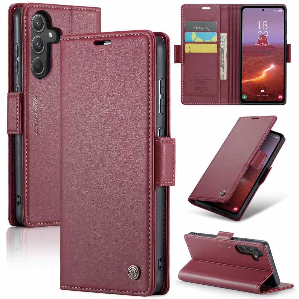 Samsung Galaxy A55 5G Case RFID Anti-theft PU Leather - Wine Red