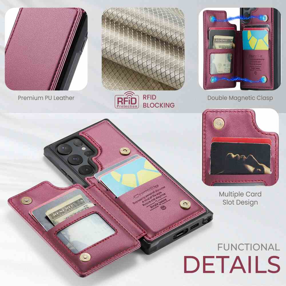 Samsung Galaxy S24 Ultra Case RFID Anti-theft PU Leather - Wine Red