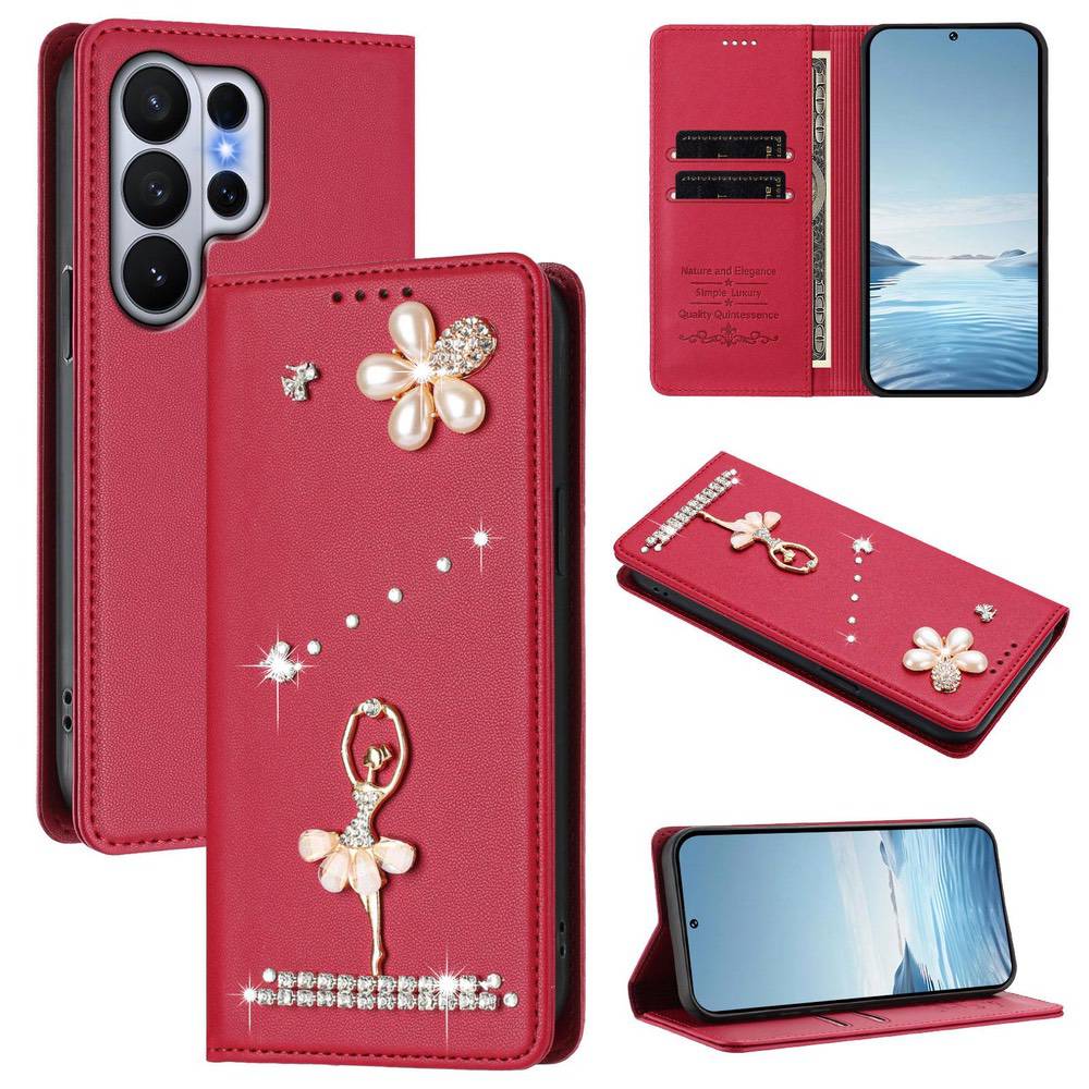 Samsung Galaxy S26 Ultra Ballet Girl Diamond Vegan Leather Case - Wine Red
