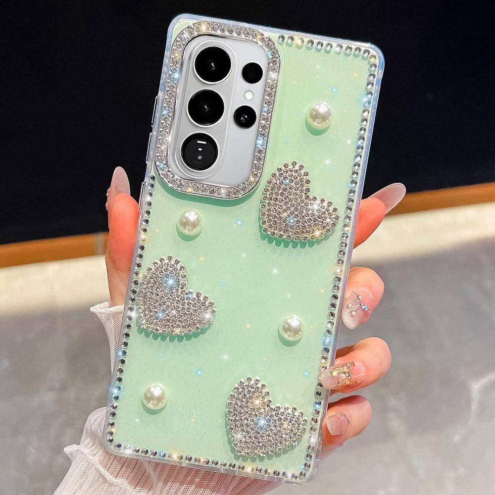 Samsung Galaxy S26 Ultra Diamond Glitter Pearl Heart Case - Light Green