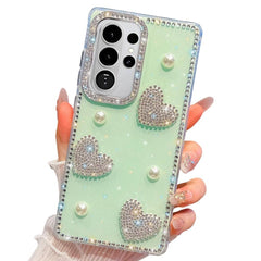 Samsung Galaxy S26 Ultra Diamond Glitter Pearl Heart Case - Light Green