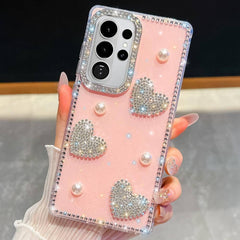 Samsung Galaxy S26 Ultra Diamond Glitter Pearl Heart Case - Light Pink