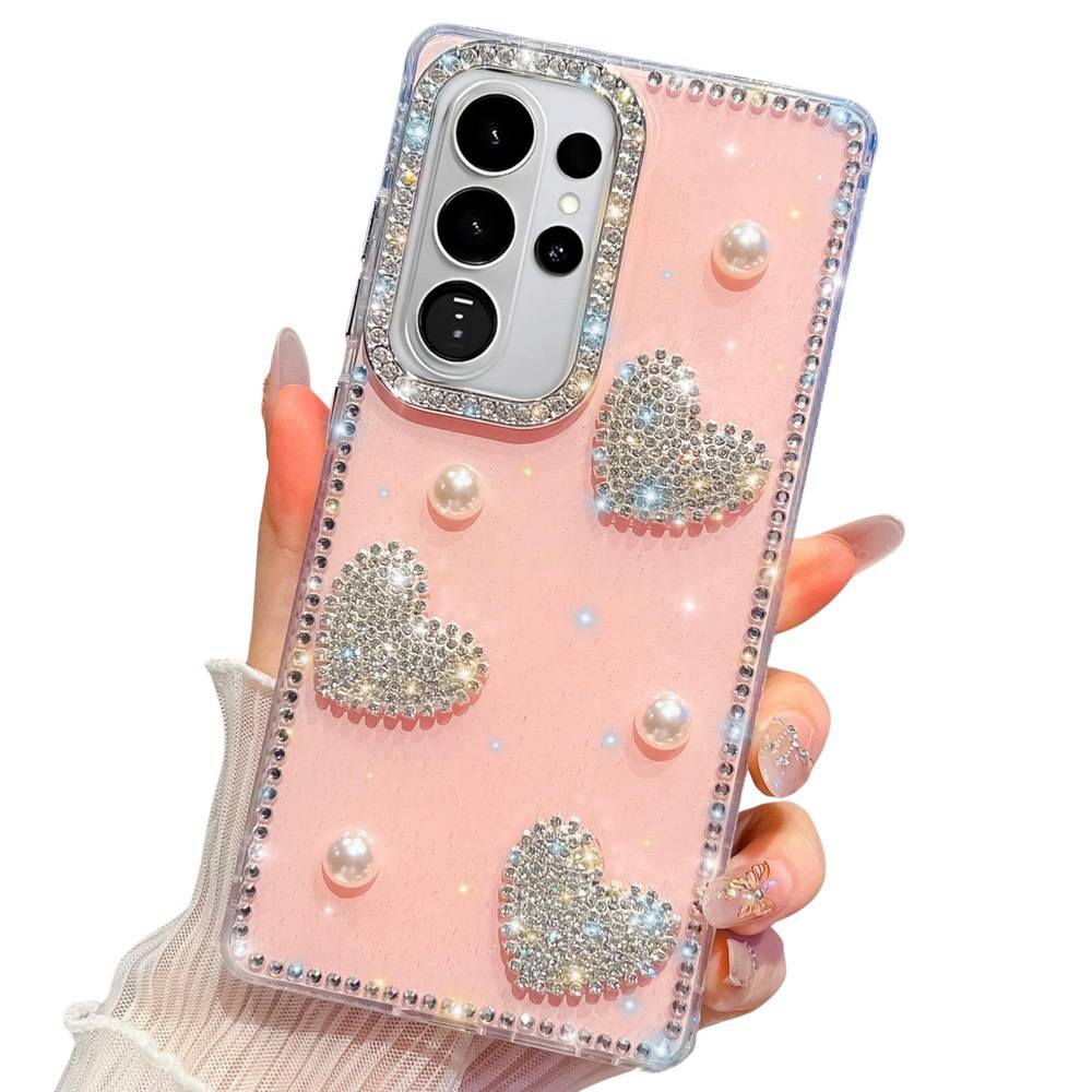Samsung Galaxy S26 Ultra Diamond Glitter Pearl Heart Case - Light Pink