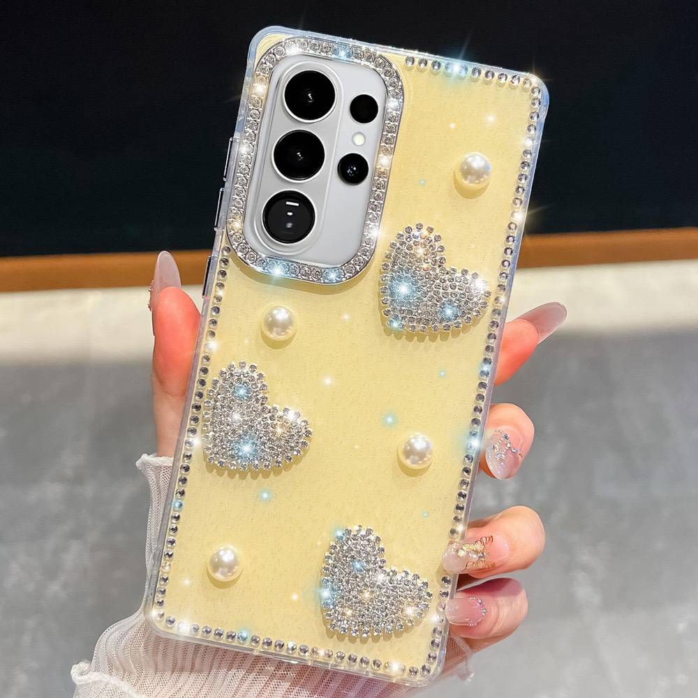 Samsung Galaxy S26 Ultra Diamond Glitter Pearl Heart Case - Light Yellow
