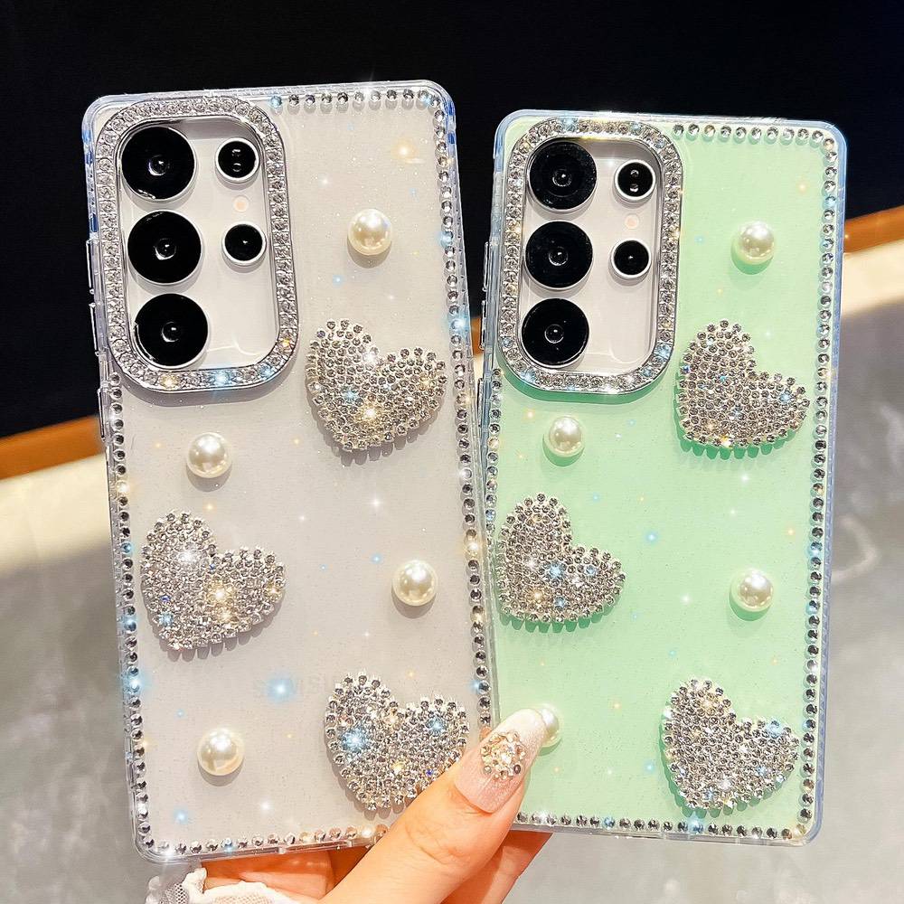 Samsung Galaxy S26 Ultra Diamond Glitter Pearl Heart Case - Light Yellow