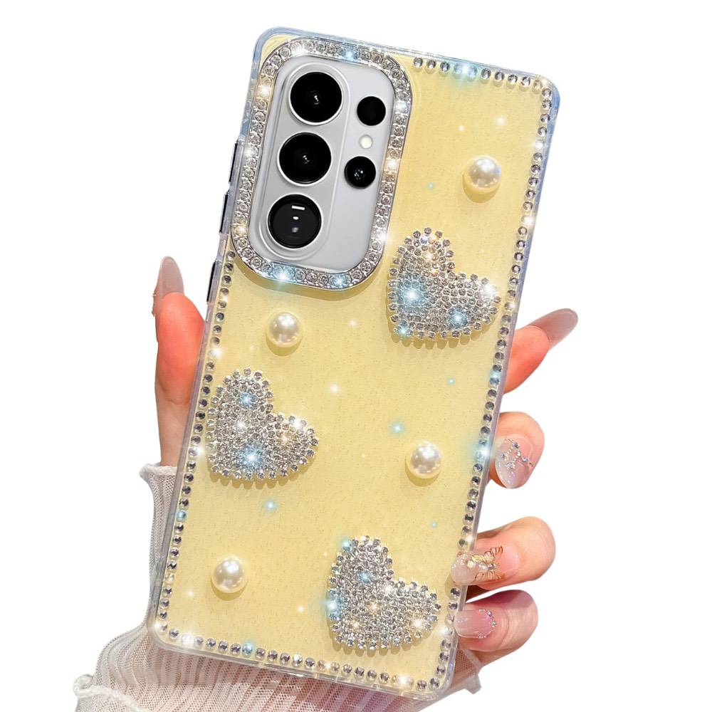 Samsung Galaxy S26 Ultra Diamond Glitter Pearl Heart Case - Light Yellow