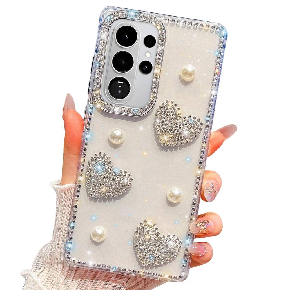 Samsung Galaxy S26 Ultra Diamond Glitter Pearl Heart Case - Transparent