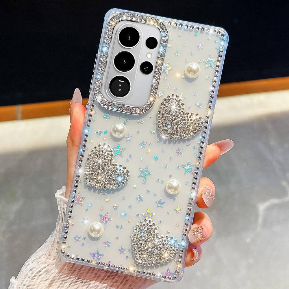 Samsung Galaxy S26 Ultra Diamond Glitter Pearl Heart Stars Case - Transparent