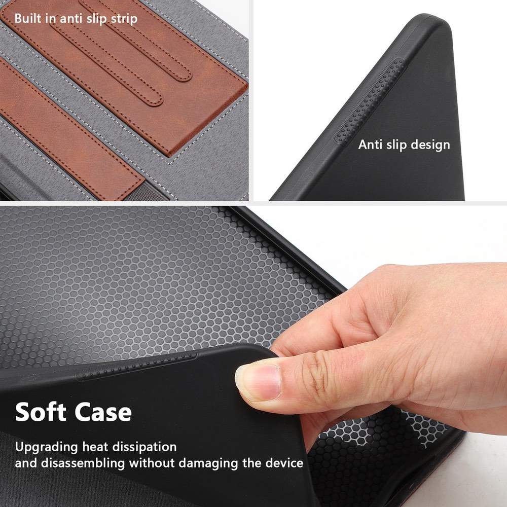 Collage of a soft case with anti-slip design and heat dissipation features.