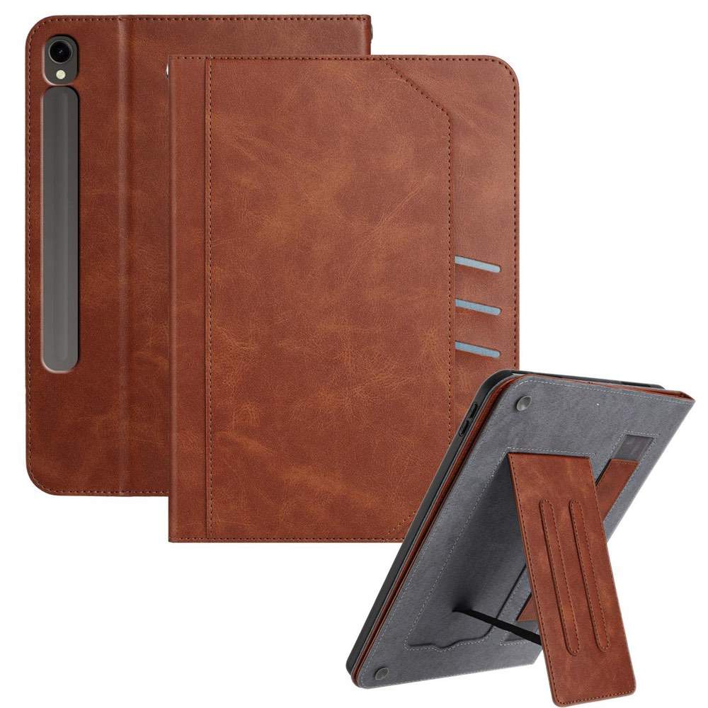 Brown leather tablet case with stand feature on a white background