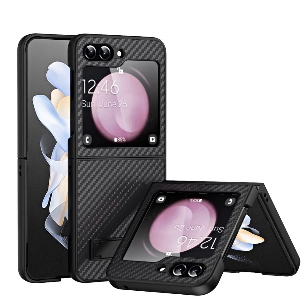 Samsung Galaxy Z Flip5 Case Carbon Fiber Texture Glass Panel - Black