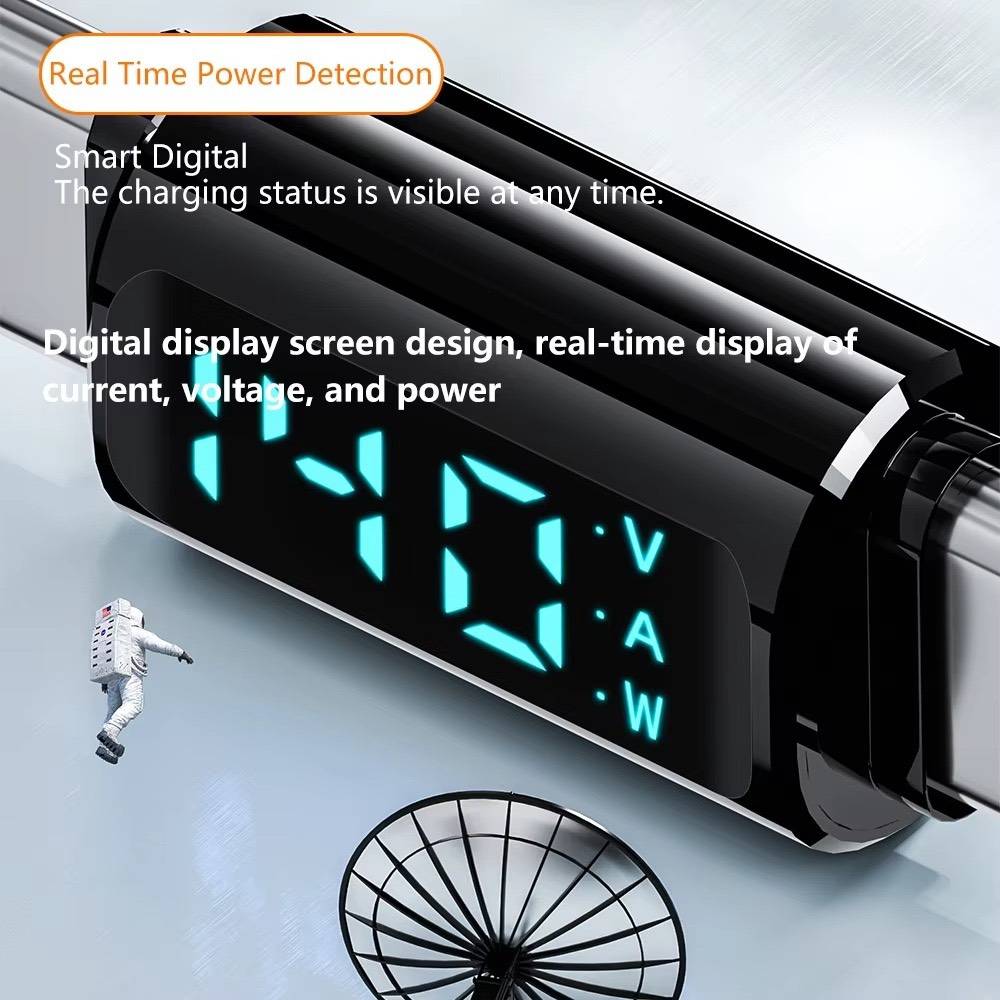 Digital power meter with a clear display of voltage, current, and power on a light gray background.
