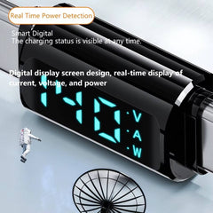 Digital power meter with a clear display of voltage, current, and power on a light gray background.