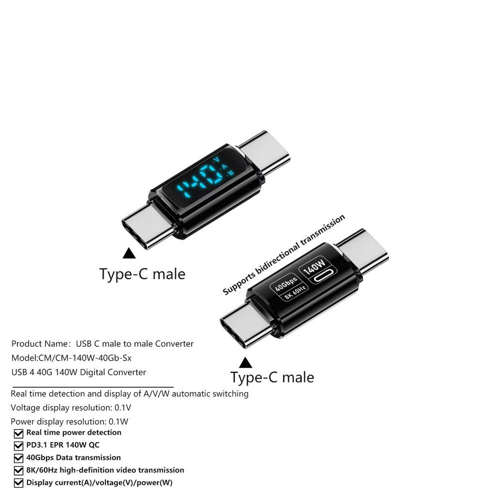 Type-C Male to Male 40Gbps PD140W Data & Video Adapter – Black