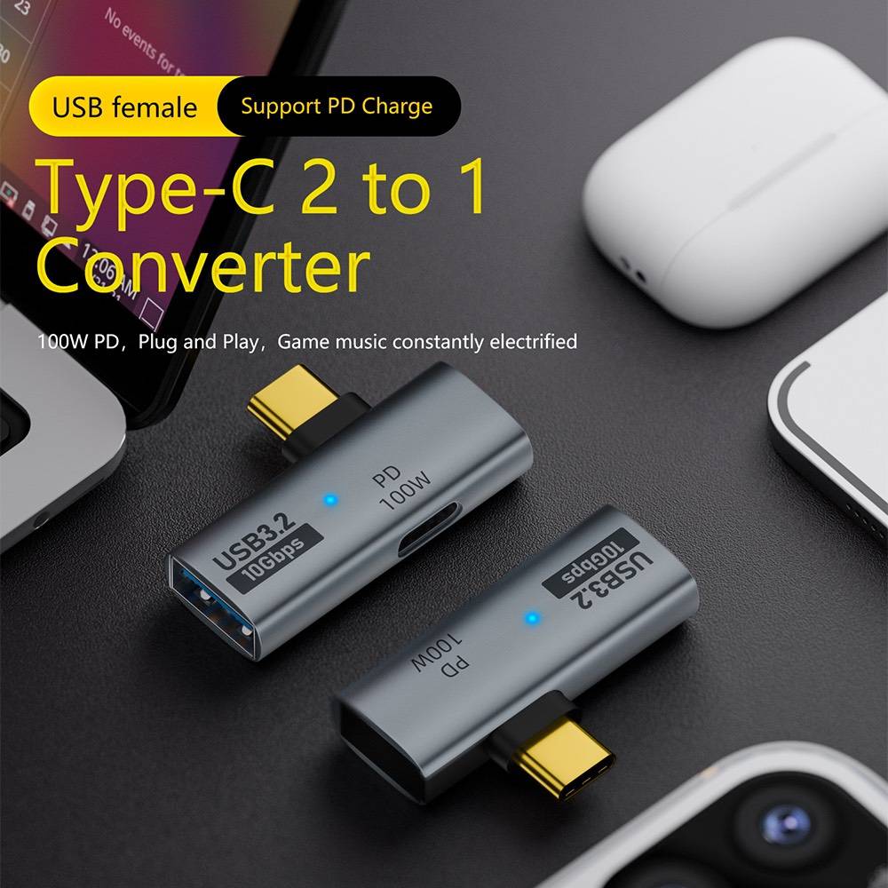 USB-C Male to Type-C + USB3.2 Female 10Gbps PD100W Adapter – Black