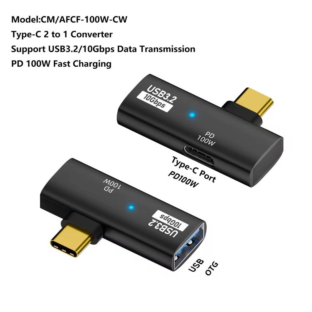 USB-C Male to Type-C + USB3.2 Female 10Gbps PD100W Adapter – Black