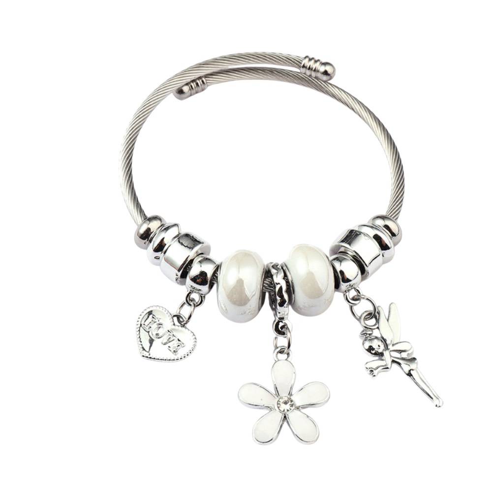 White Crystal Flora & Butterfly Charm Bracelet - Stainless Steel