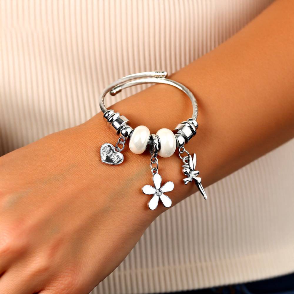 White Crystal Flora & Butterfly Charm Bracelet - Stainless Steel