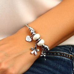 White Crystal Flora & Butterfly Charm Bracelet - Stainless Steel
