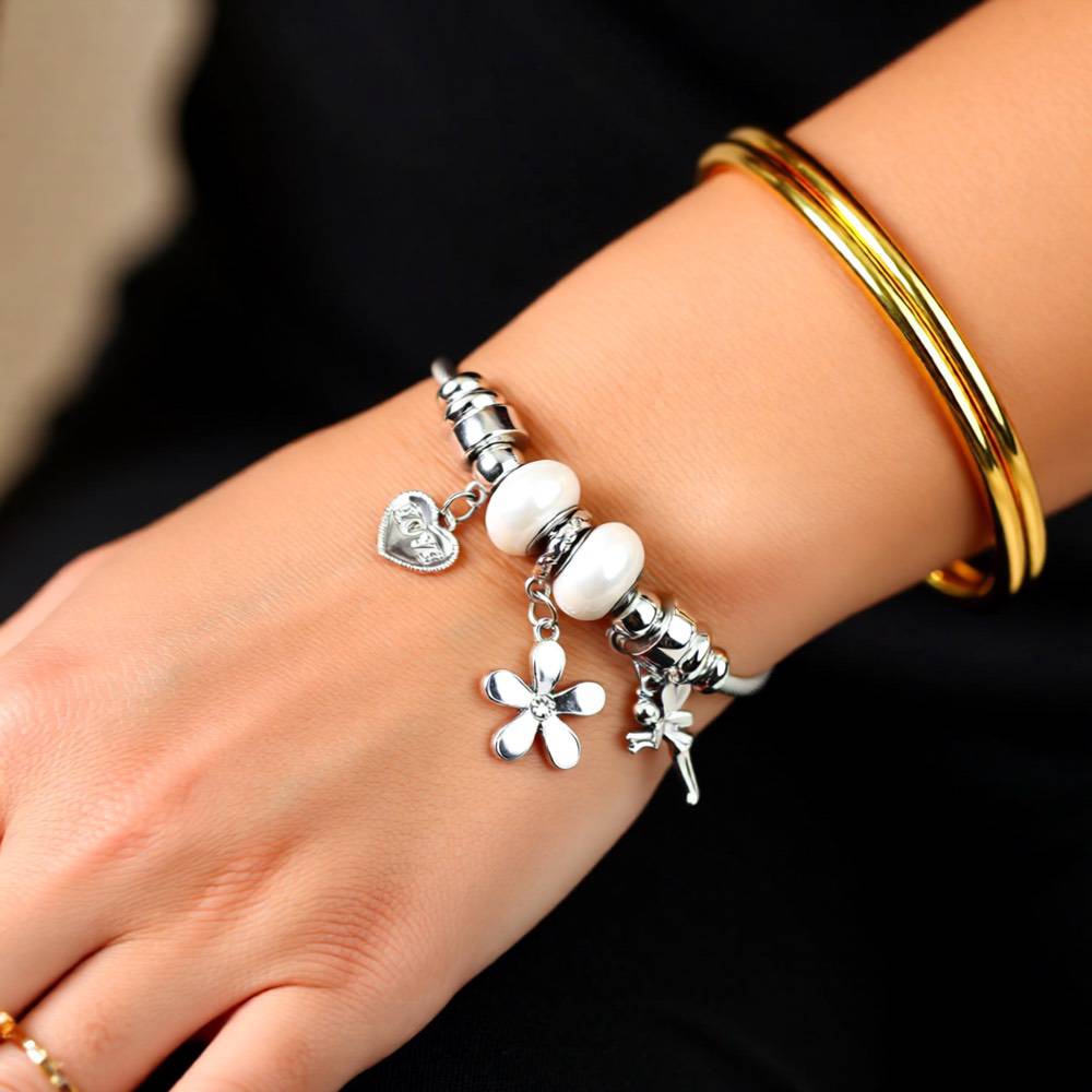 White Crystal Flora & Butterfly Charm Bracelet - Stainless Steel