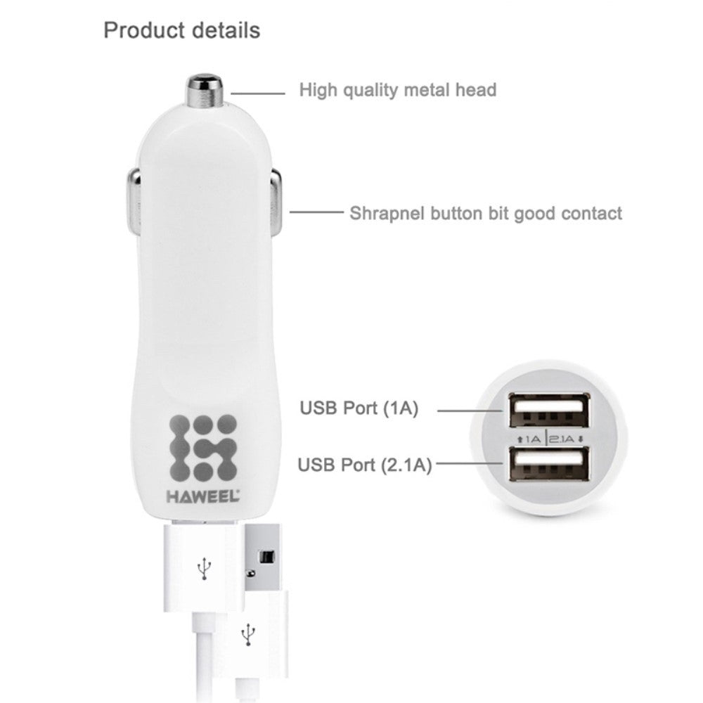 Car Charger HAWEEL Dual USB Port White