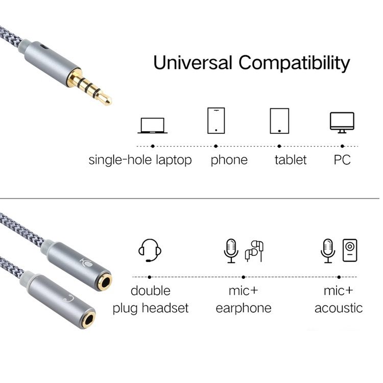 Audio Cable Braided 3.5mm Male to Microphone + Audio Female