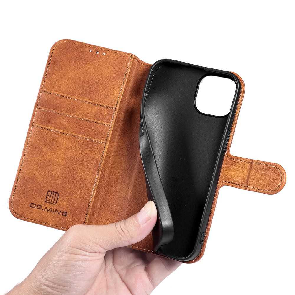 DG.MING Retro Style iPhone 13 Mini Secure Wallet Case Brown