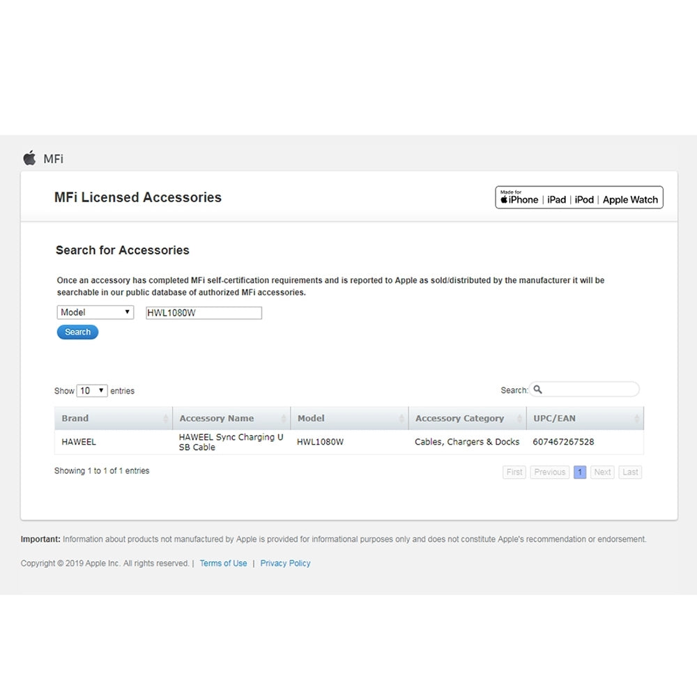 Lightning Cable HAWEEL MFI Certified 1M - White