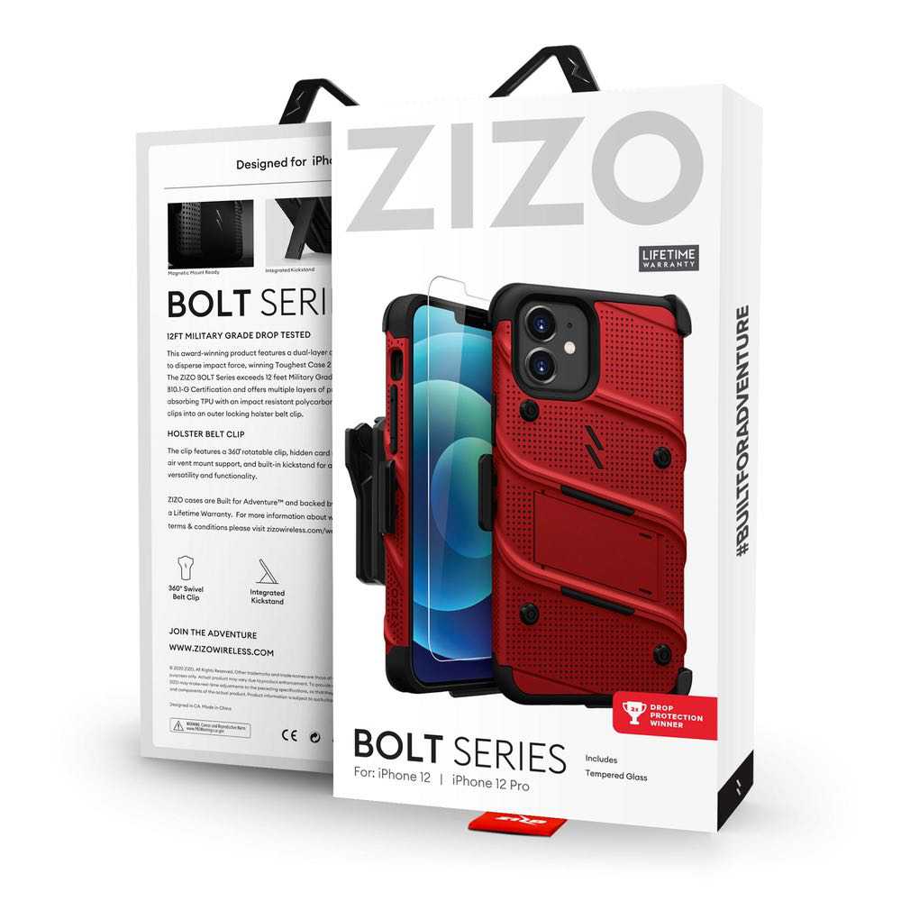 iPhone 12 / iPhone 12 Pro Case ZIZO BOLT Series Tempered Glass - Red