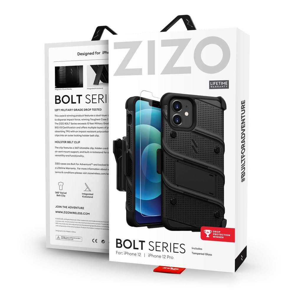 ZIZO BOLT Series iPhone 12, iPhone 12 Pro Case With Tempered Glass - Black