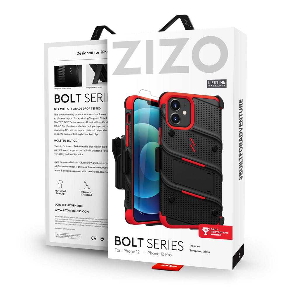 iPhone 12 / iPhone 12 Pro Case With Tempered Glass - Black & Red