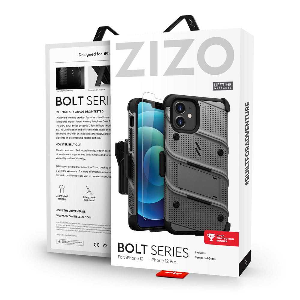 iPhone 12 / iPhone 12 Pro Case ZIZO BOLT With Tempered Glass - Grey