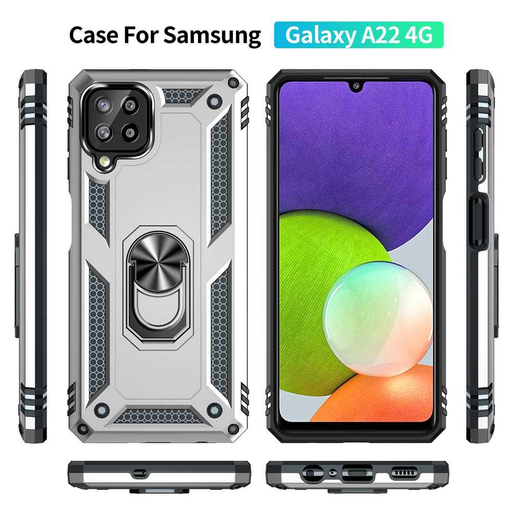 Samsung Galaxy A22 4G Case Shockproof With Ring Holder - Silver