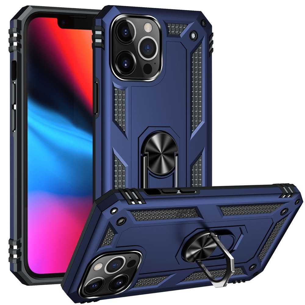 iPhone 13 Pro Max Case Shockproof Metal Ring Holder - Blue