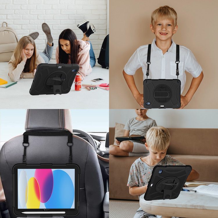 iPad 10 2022 Case Shockproof With Pen Slot & Shoulder Strap - Black