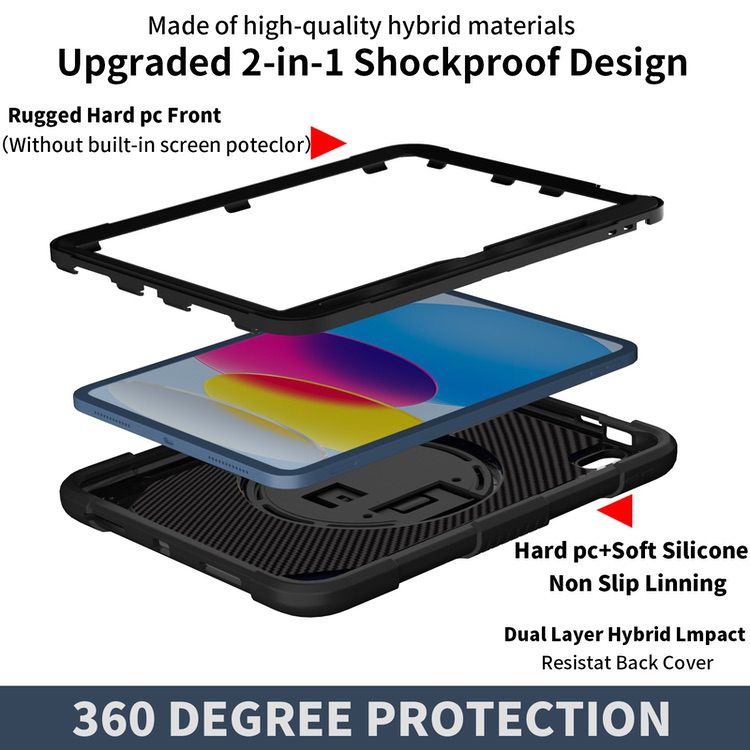 iPad 10 2022 Case Shockproof With Pen Slot & Shoulder Strap - Black