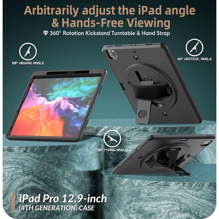 iPad Pro 12.9 Case Shockproof With Pen Slot & Shoulder Strap - Black