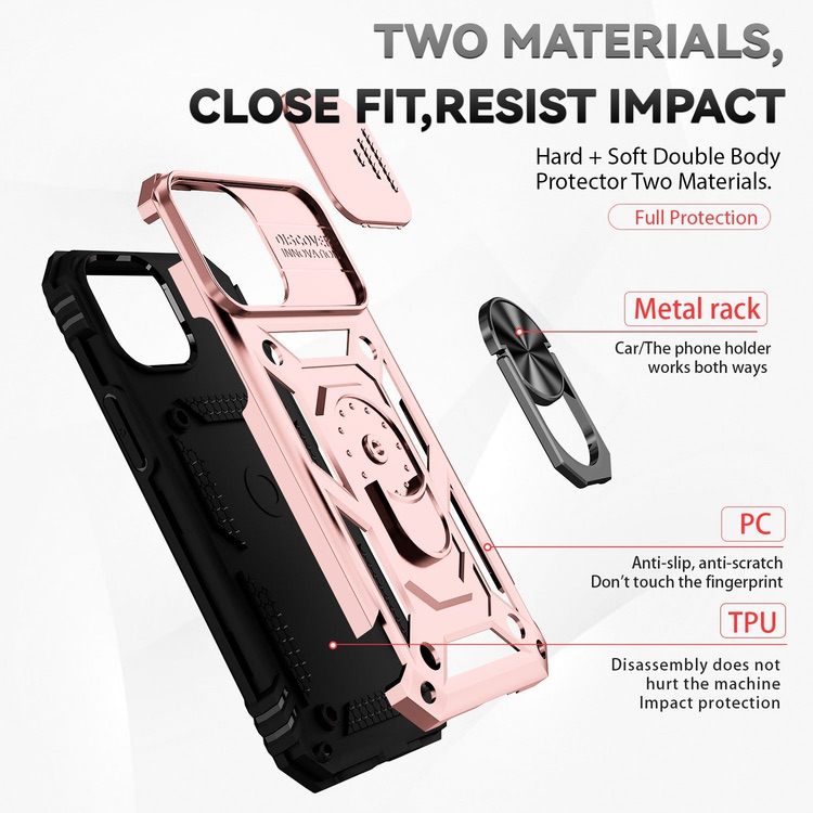 iPhone 14 Case With Camera Shield Cover & Ring Holder - Rose Gold